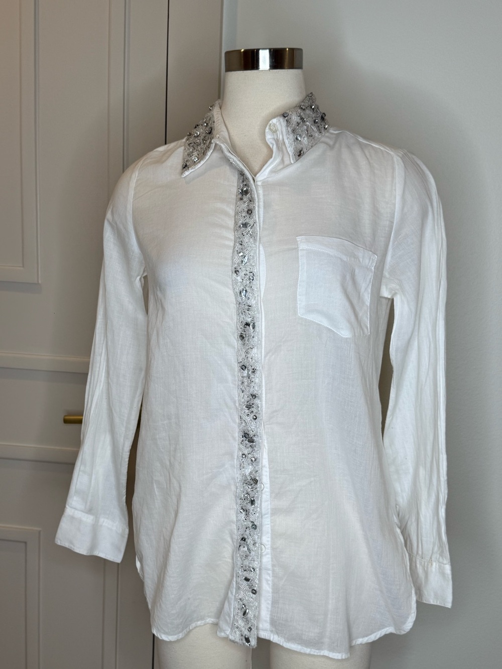 Embellished White Button-Up Shirt with Beaded Trim